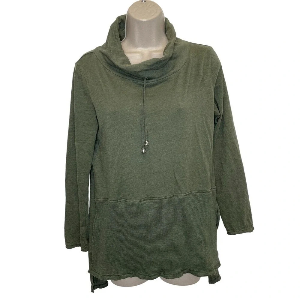 Neon Buddha Cowl Neck Tunic Sage Green Women’s XS Kangaroo Pocket Cotton